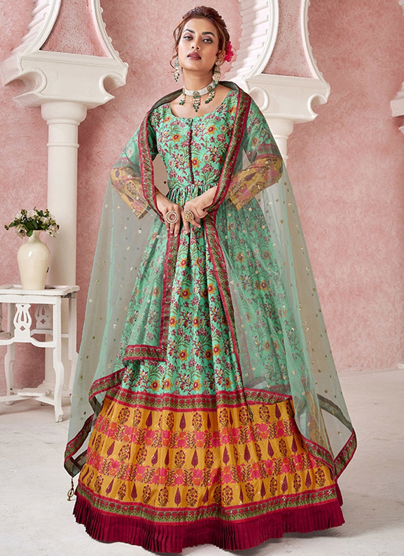 Pista Green Silk Printed Anarkali Gown