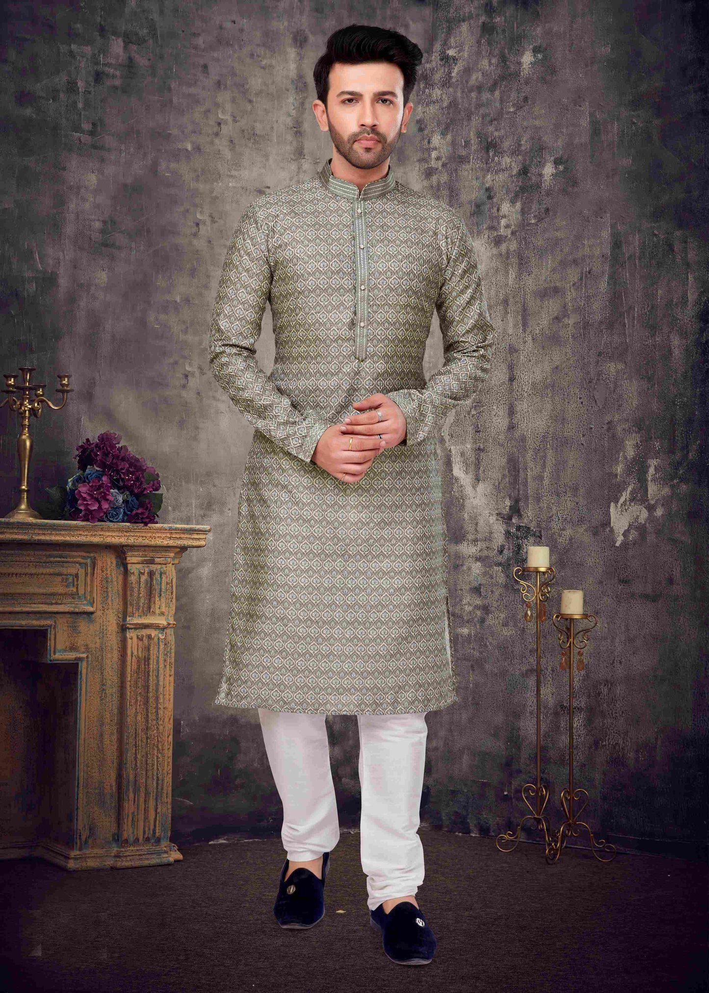 Olive Green Silk Kurta Pajama for Men's