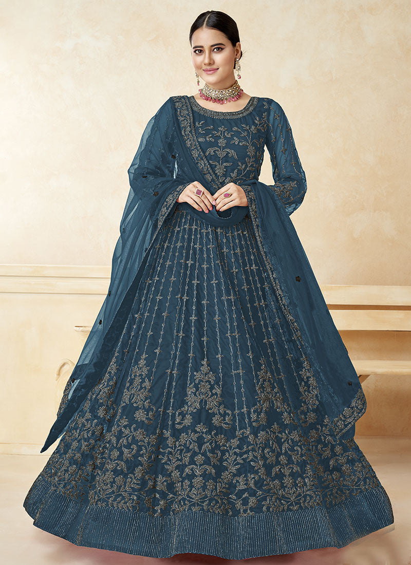 Teal Embordered Anarkali Suit With Bell Sleeves