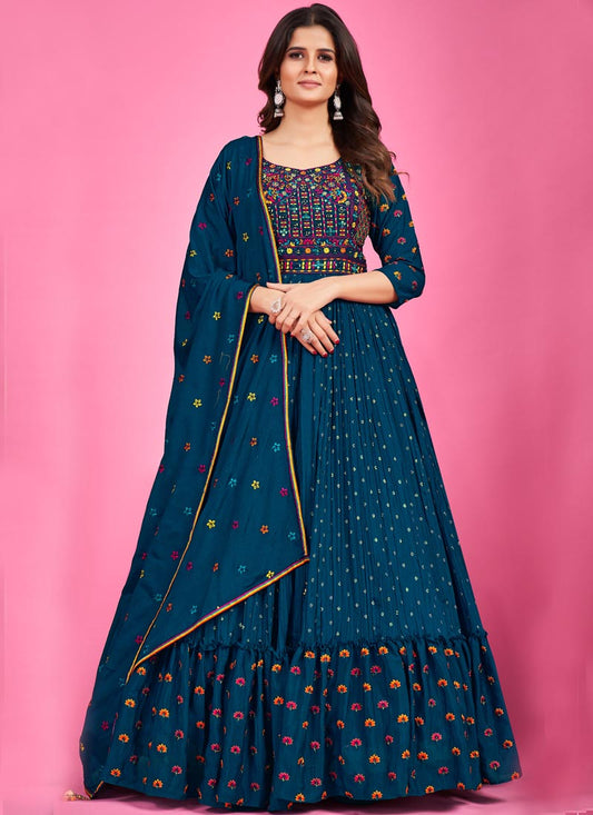 Navy Blue Chinon Silk Anarkali Suit with Mirror & Thread Work