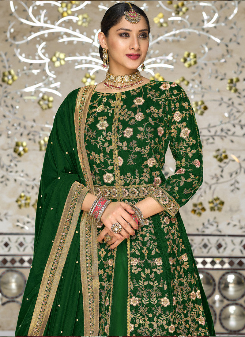 Green Velvet Abaya Style Center Silt Anarkali Suit with Heavy Embroidery Work-2