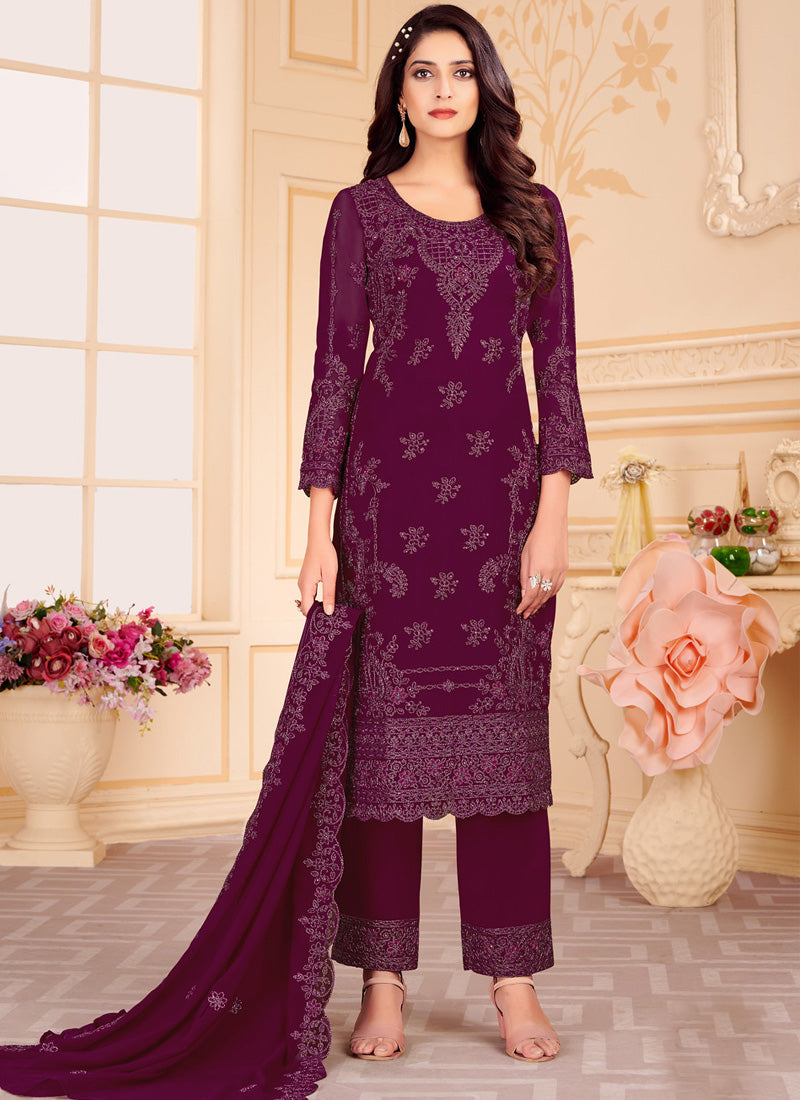 Wine Pant Style Straight Salwar Suit