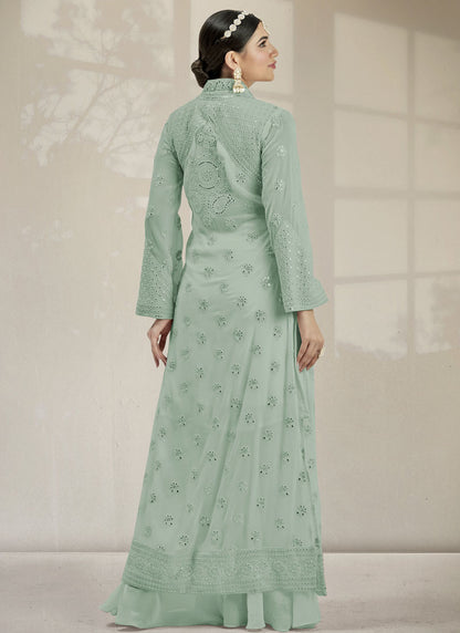 Pista Green Georgette Jacket Style Palazzo Suit With Real Mirror Work Embroidery-2