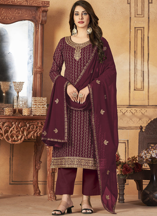 Maroon Georgette Straight Cut Long Salwar Suit