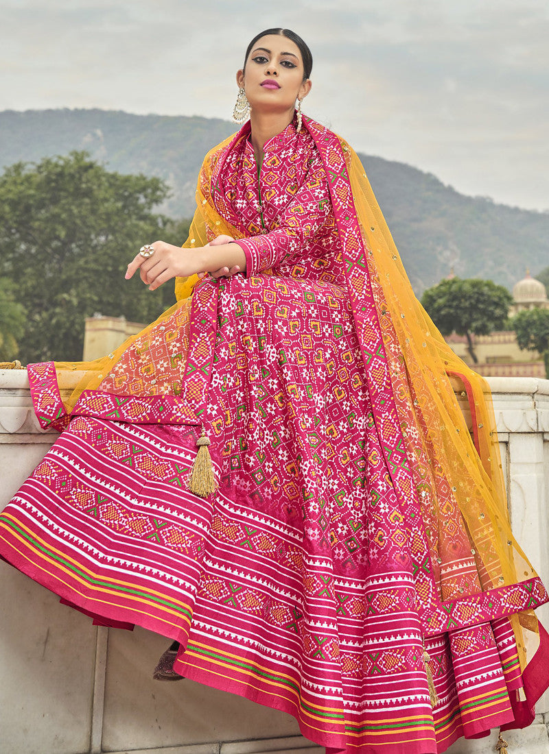 Pink Silk Patola Printed Anarkali Gown-2