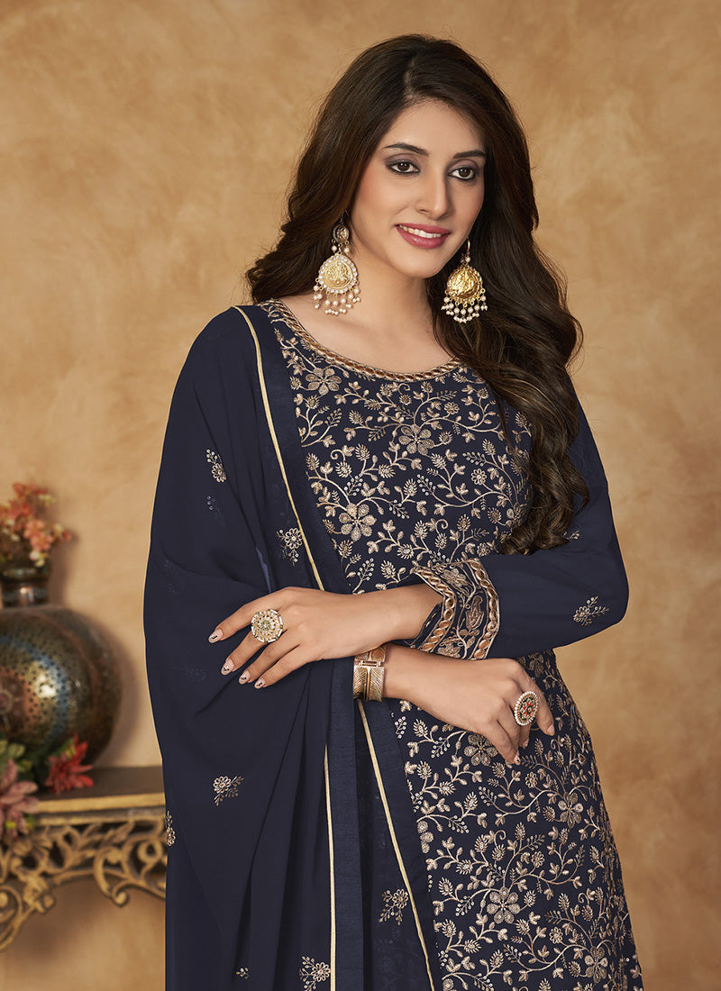 Navy Blue Georgette Sharara Suit-2