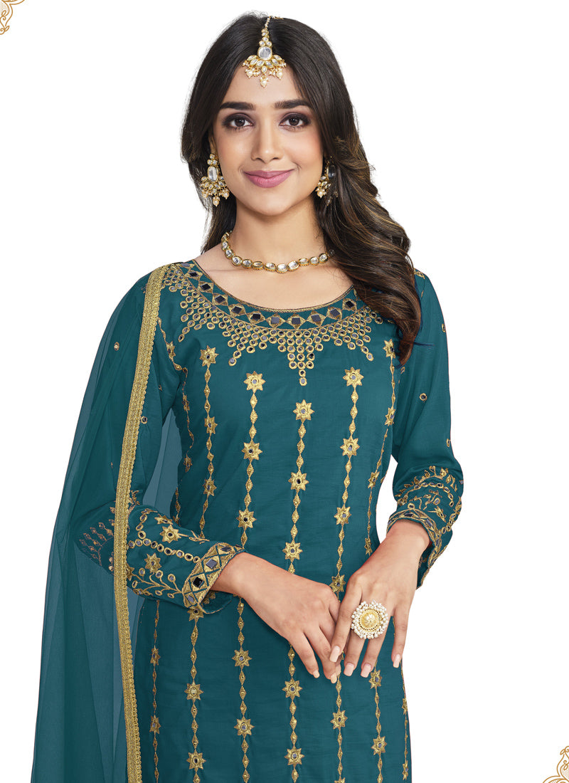 Teal Soft Silk Pant Style Salwar Suit With Mirror Work-2