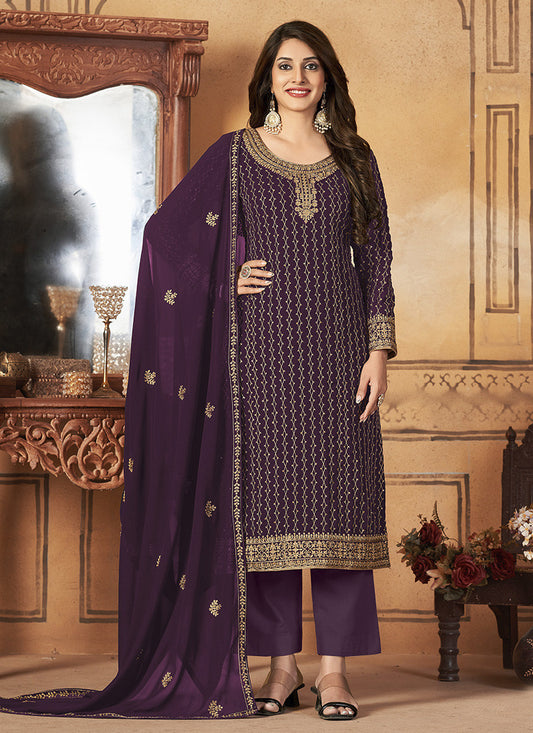 Purple Georgette Straight Cut Long Salwar Suit