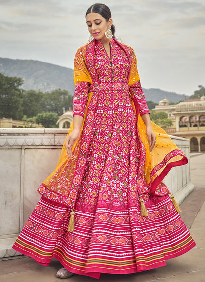 Pink Silk Patola Printed Anarkali Gown-2