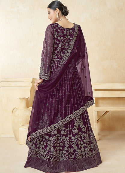 Wine Embordered Anarkali Suit With Bell Sleeves-2