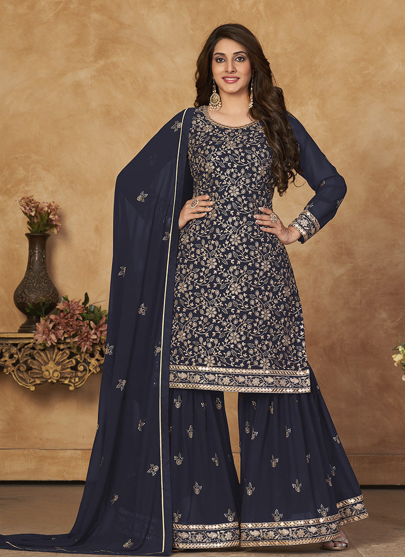 Navy Blue Georgette Sharara Suit