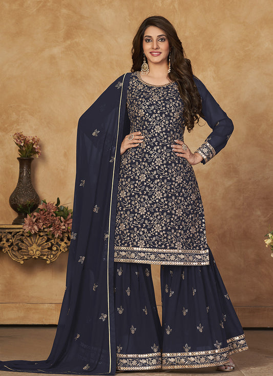 Navy Blue Georgette Sharara Suit