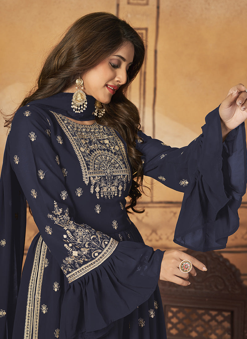 Blue Georgette Sharara Suit With Frill Sleeves-2