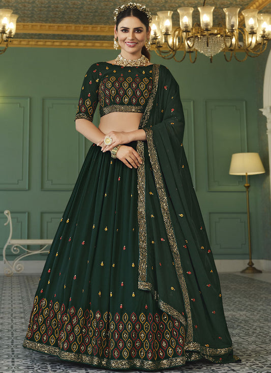 Green Georgette Lehenga Choli With Embroidered, Thread and Sequins Work