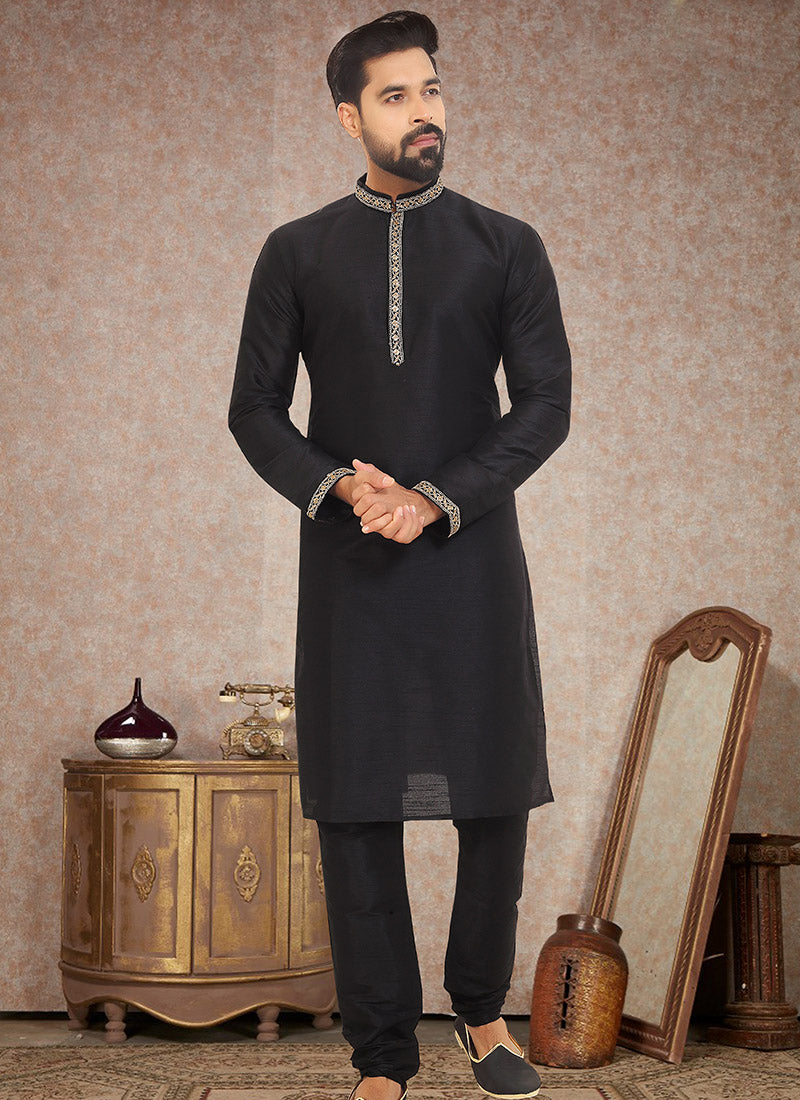 Black Dupion Silk Men's Kurta Pajama