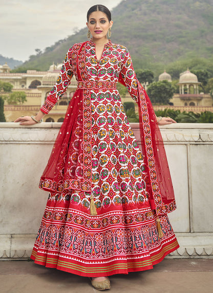 Red Silk Patola Printed Anarkali Gown