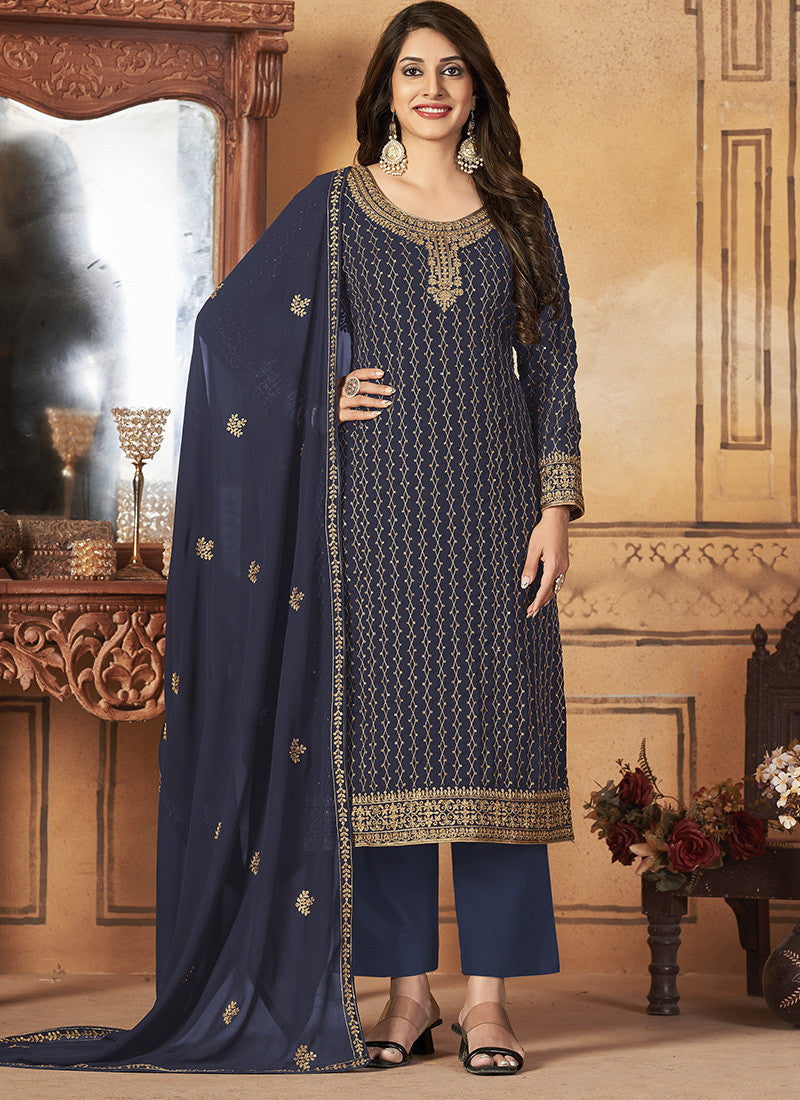 Navy Blue Georgette Straight Cut Long Salwar Suit-2