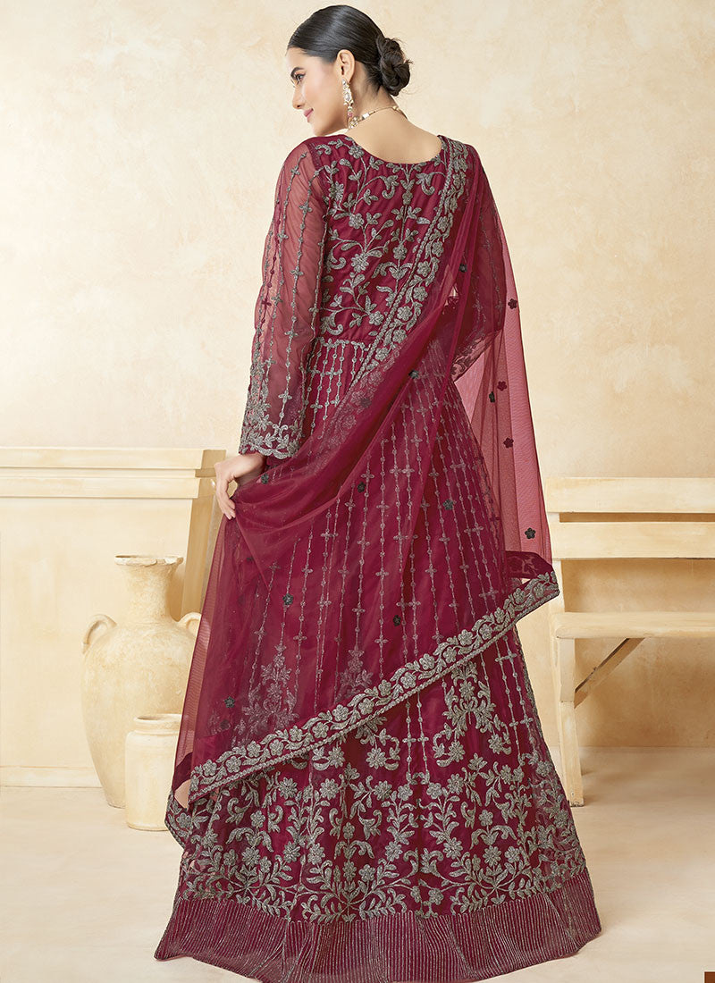 Maroon Embordered Anarkali Suit With Bell Sleeves-2