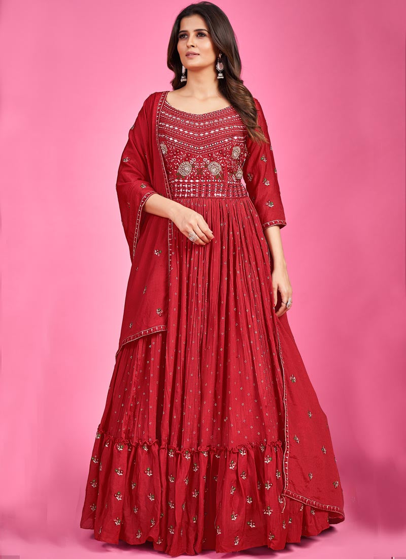 Red Chinon Silk Anarkali Suit with Mirror & Thread Work