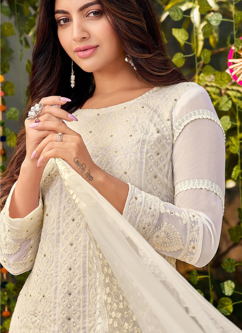 White Georgette Palazzo Suit With Embroidered & Stone Work-2