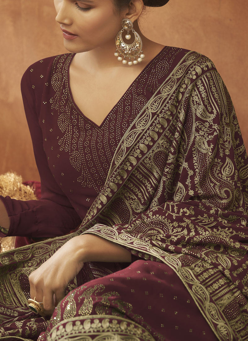 Maroon Georgette Wide Palazzo Suit-2