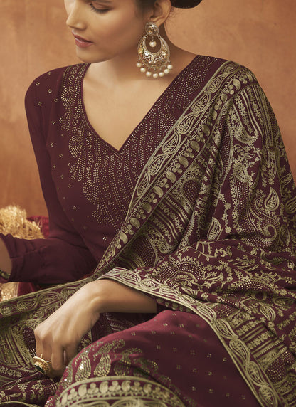 Maroon Georgette Wide Palazzo Suit-2