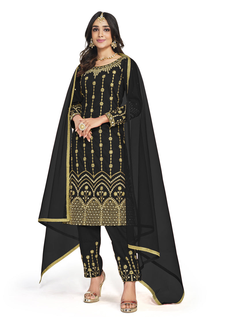 Black Soft Silk Pant Style Salwar Suit With Mirror Work