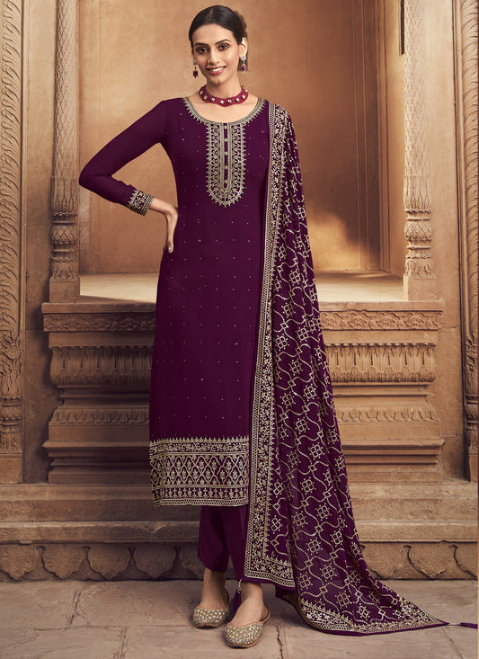 Wine Georgette Straight Cut Salwar Suit