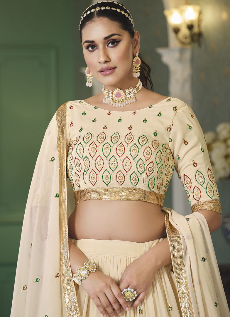 Beige Georgette Lehenga Choli With Embroidered, Thread and Sequins Work-2