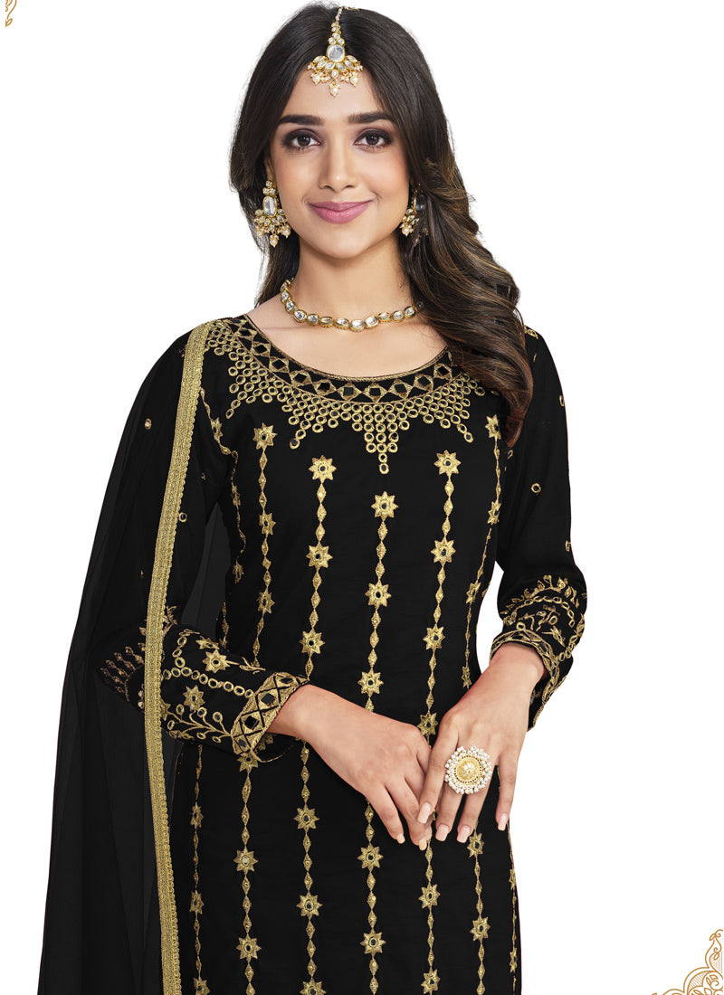 Black Soft Silk Pant Style Salwar Suit With Mirror Work-2