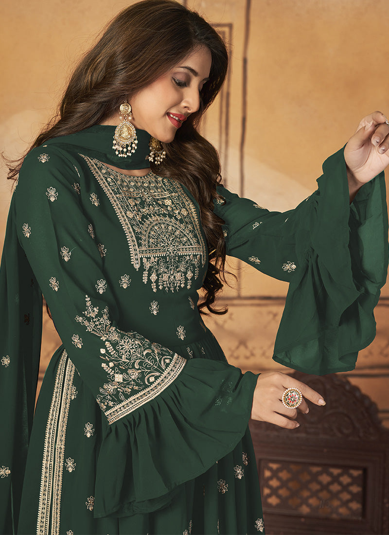 Green Georgette Sharara Suit With Frill Sleeves-2