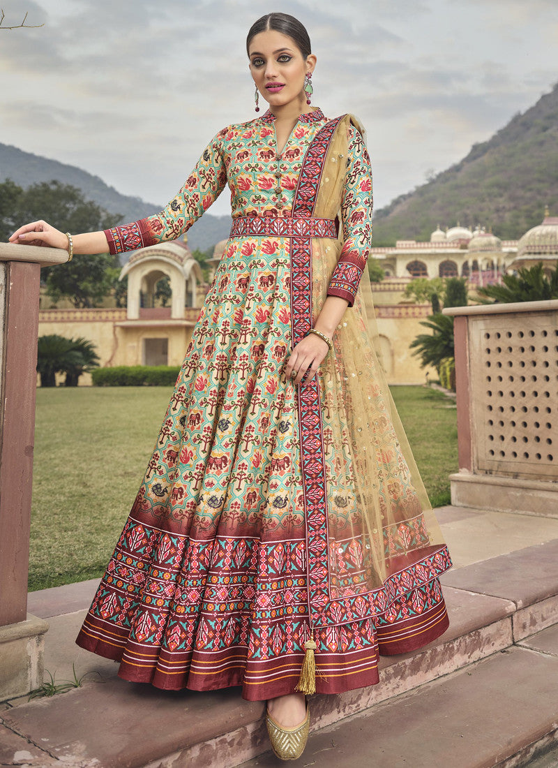 Aqua Blue Silk Patola Printed Anarkali Gown