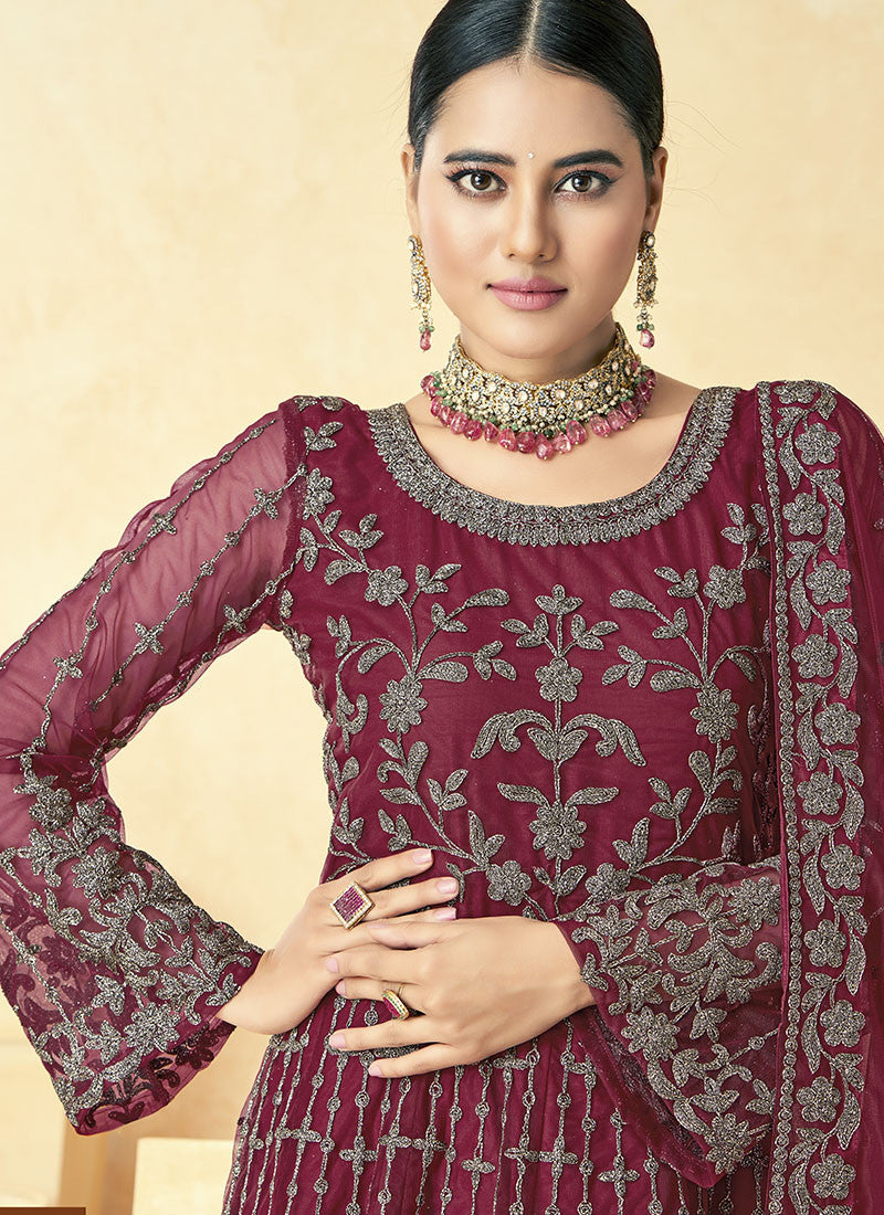 Maroon Embordered Anarkali Suit With Bell Sleeves-2