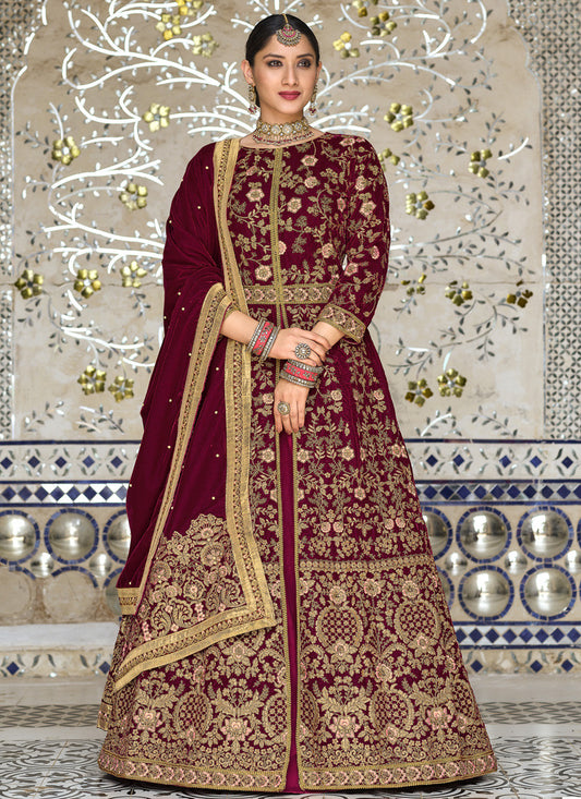 Red Velvet Abaya Style Center Silt Anarkali Suit with Heavy Embroidery Work