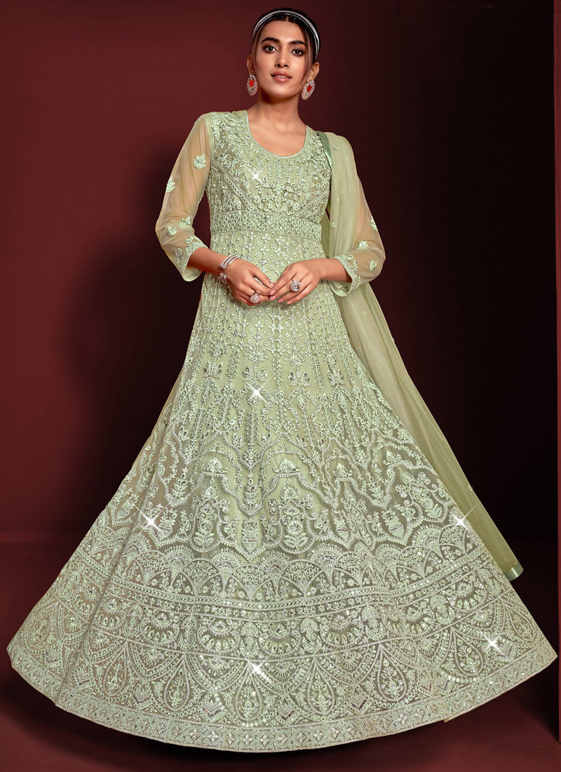 Pista Green Embroidered Anarkali Suit-2