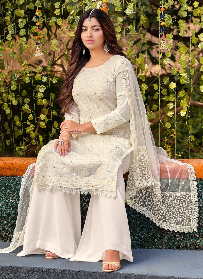 White Georgette Palazzo Suit With Embroidered & Stone Work-2