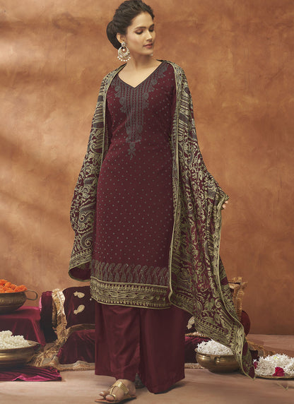 Maroon Georgette Wide Palazzo Suit