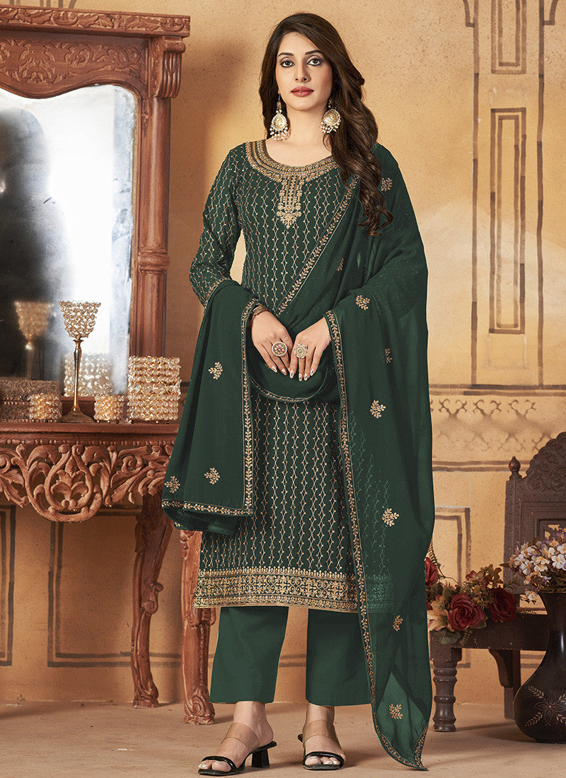 Green Georgette Straight Cut Long Salwar Suit-2