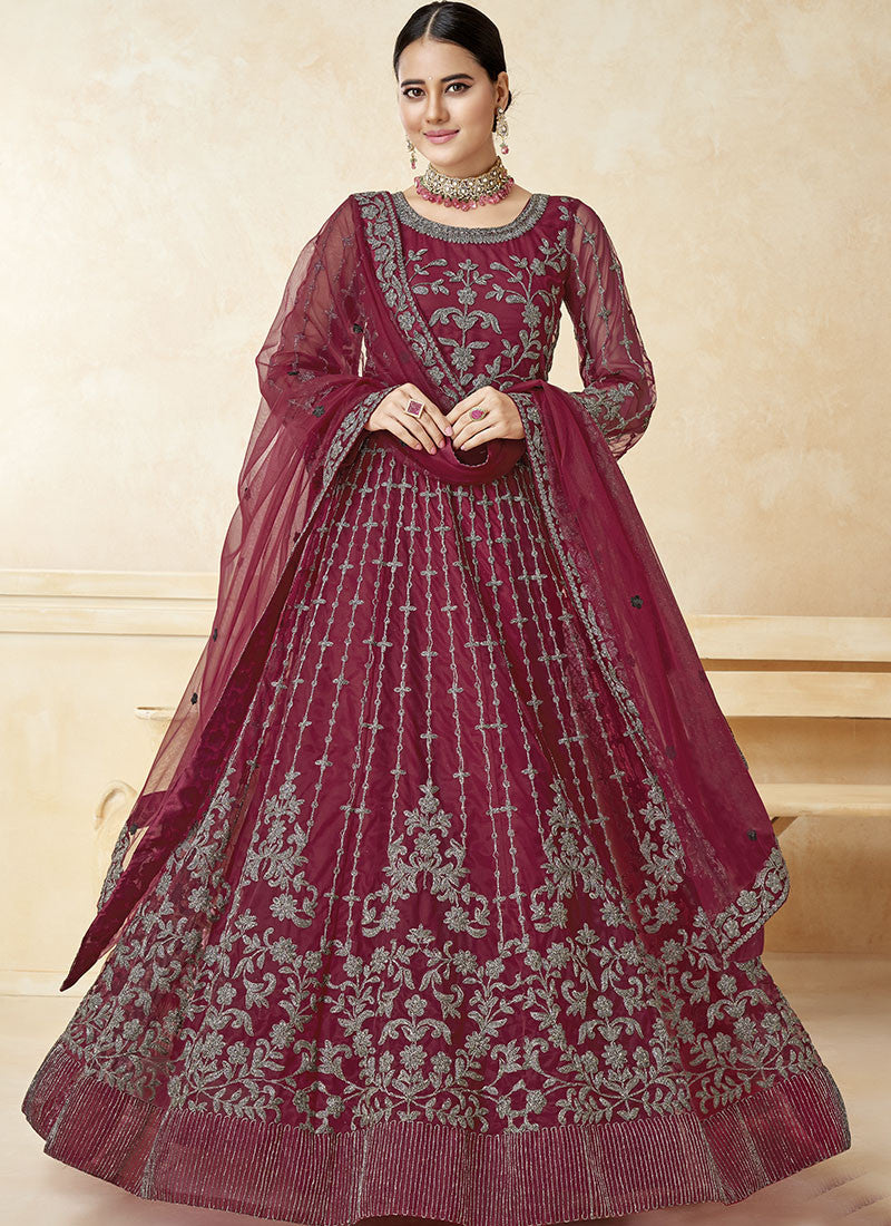 Maroon Embordered Anarkali Suit With Bell Sleeves