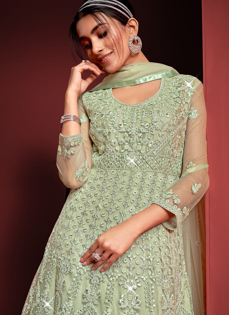 Pista Green Embroidered Anarkali Suit-2