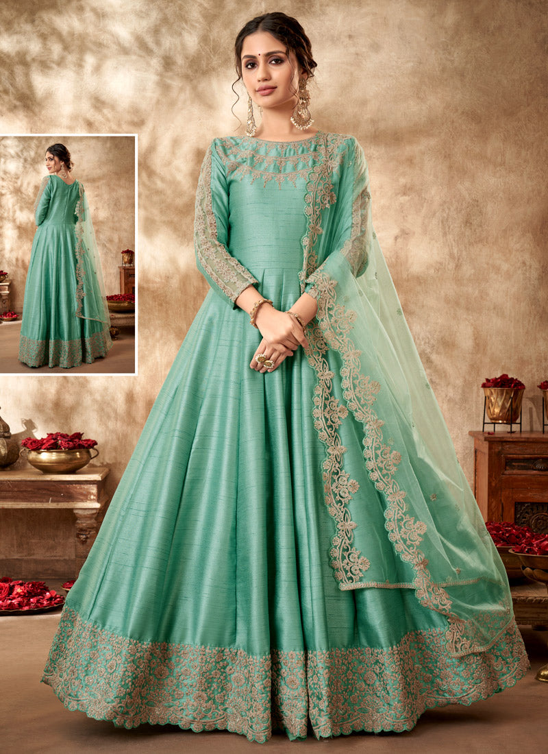 Aqua Green Art Silk Anarkali Suit