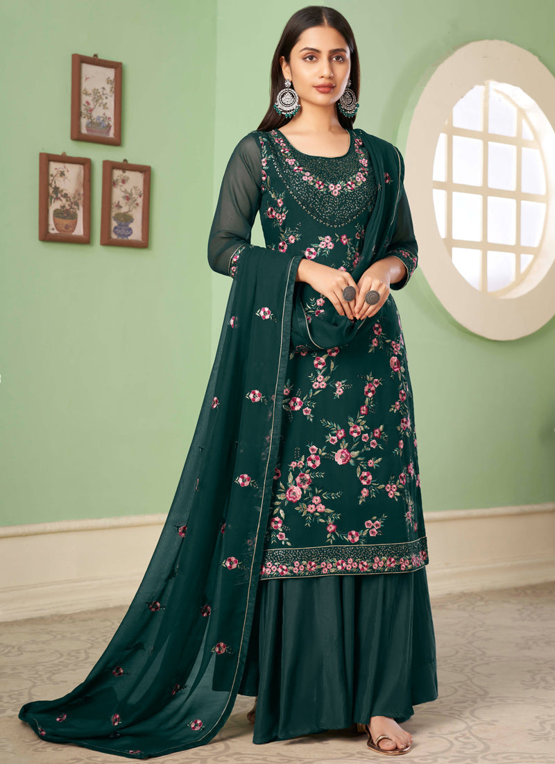 Aqua Green Georgette Salwar Kameez With Embroidery & Sequins