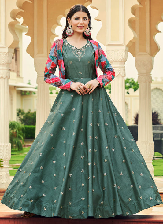 Aqua Green Sequince Embroidered Work Anarkali Gown