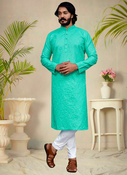 Aqua Silk Embroidered Men's Kurta Pajama