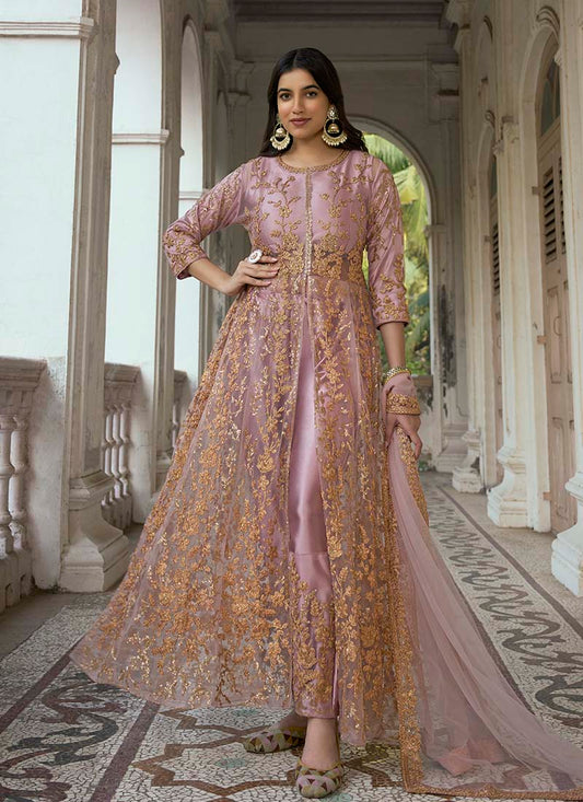 Baby Pink Net Embordered Anarkali Suit