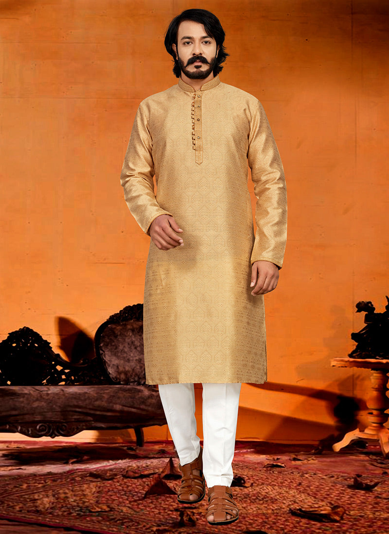 Beige Jacquard Men's Kurta Pajama