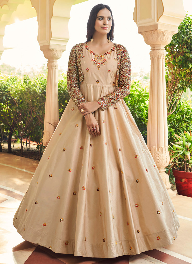 Beige Sequince Embroidered Work Anarkali Gown