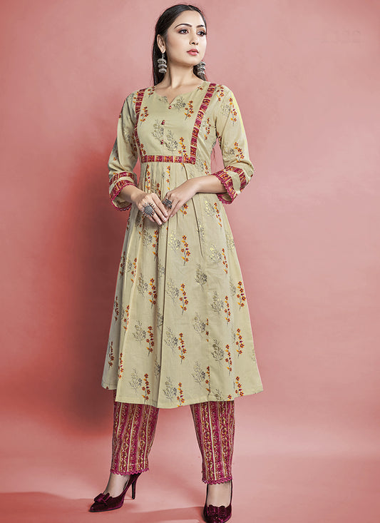 Beige Cotton Printed Long Kurti