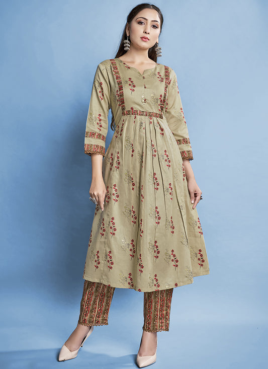 Beige Cotton Printed Long Kurti