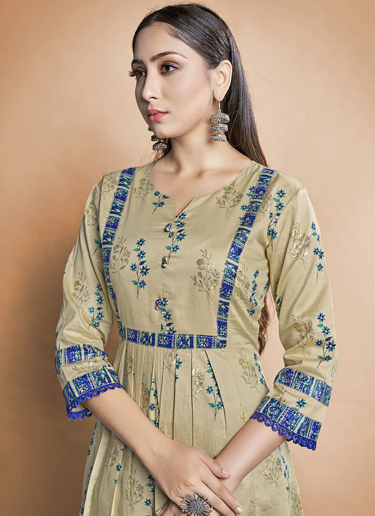 Beige Cotton Printed Long Kurti